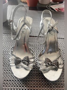 Women's Silver Slingback Heels with Crystal Bow Accent